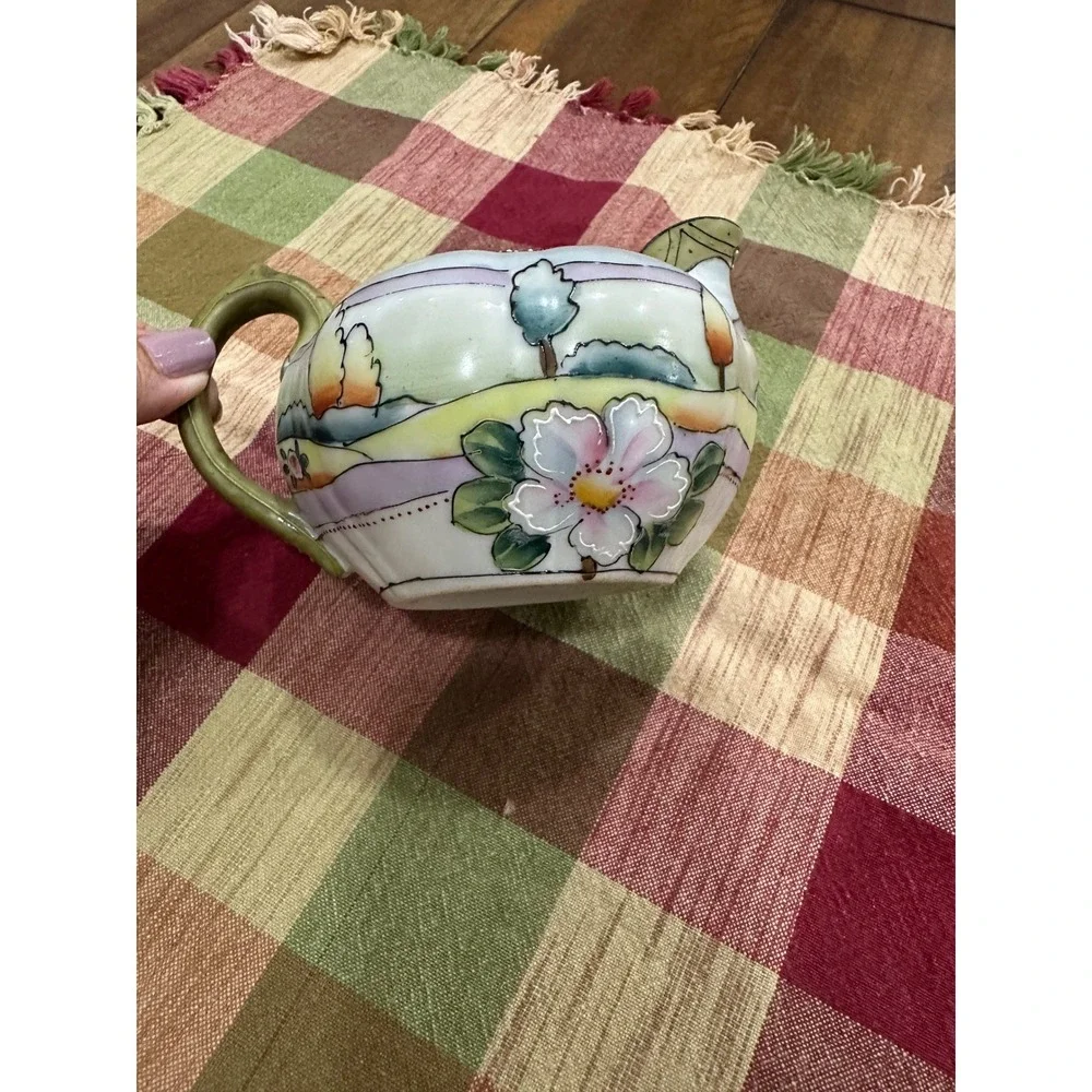 Vintage Hand Painted Japan Porcelain Creamer Pitcher Floral Landscape Scenic